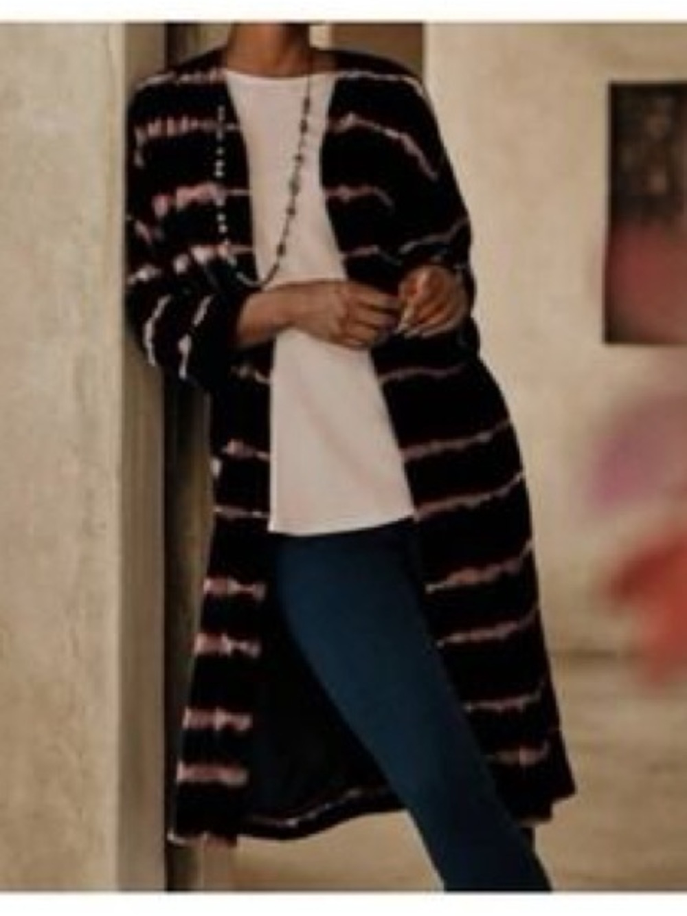 NWT Pure Jill Black Velvet Pink/Purple Tie Dye Stripe Duster Cardigan